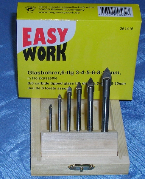 Glasbohrer, 6-tlg. 3-4-5-6-8-10 mm, in Holzkassette