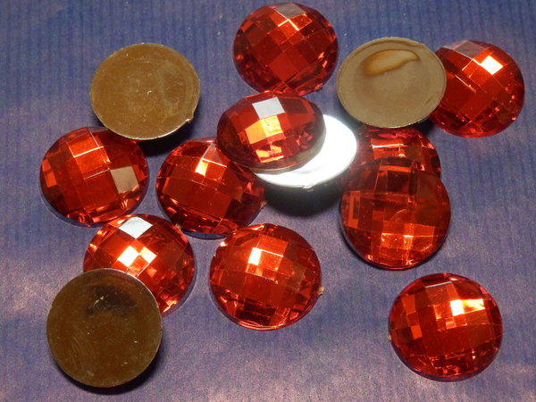 Cabochon, rund, 5 Stück, 20x5,5 mm, rot, glatte Rückseite